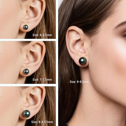 YAMI Saltwater Cultured Black Pearl Earrings, S925 Sterling Silver Earrings Stud White Gold Plated, Hypoallergenic Jewelry Gifts for Women and Men 6.0-10MM3