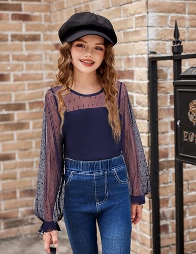 Arshiner Niñas Camiseta de Manga Larga Gasa Niño Manga Farol Cuello Redondo Camiseta Elegante Casual Moda Manga Larga para Niñas 9-10 años Azul Marino