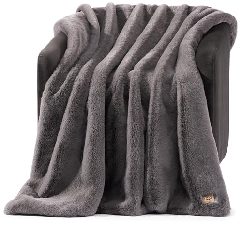 UGG Euphoria Faux Fur Throw Blanket, Oversized Soft Throw for Bed or Couch, Luxury Bedroom Decor, Plush Blankets, Machine Washable, 50-inch x 70-inch, Charcoal Grey