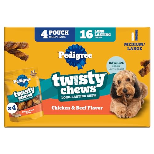 Pedigree Twisty Chews Medium/Large Long-Lasting Dog Treats Chicken & Beef Flavor, 9.17 oz. Pouch, Pack of 4 (16 Count)