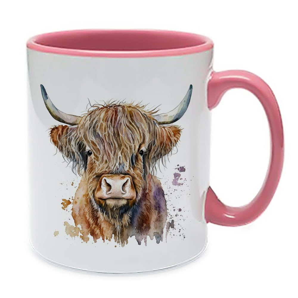 Highland Cow Mug, Animal Gift, Birthday, Christmas, Gift for Men, Women, Coffee, Tea 11oz Inside Coloured Ceramic Mug. (Pink)