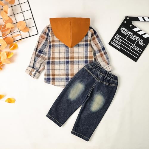 Image of Toddler Baby Boy Fall Winter Clothes Long Sleeve Plaid Hooded Sweatshirt Ripped Holes Jeans Set 1-5 Years Old