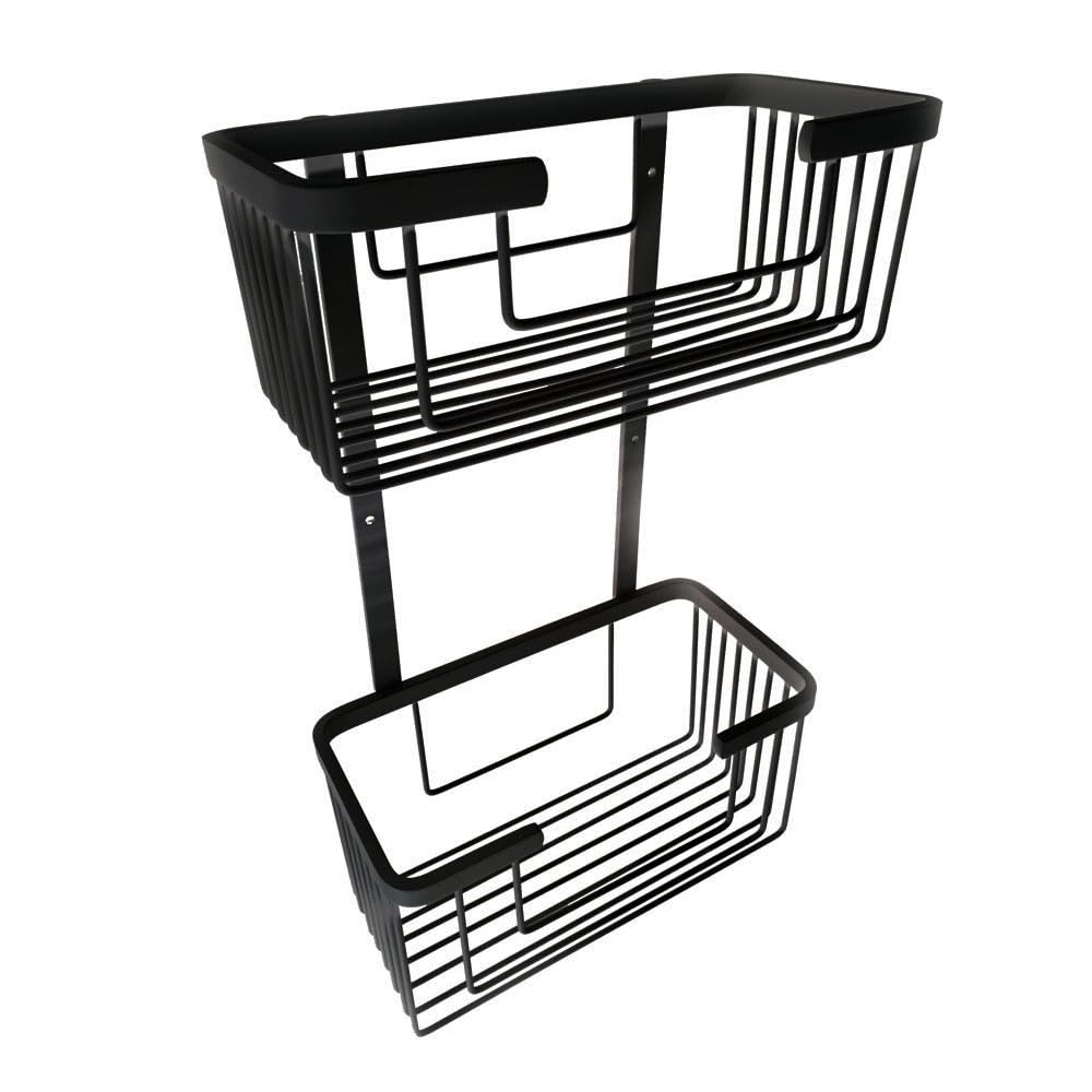 Cesta porta gel rectangular doble BLACK para baño o ducha para colgar. Con acabado en negro mate. Portageles para botes de gel, esponjas o champú