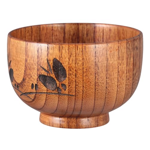 Mikinona 1Pc Wood Soup Bowl Hand Carved Wooden Rice Bowl Safe Food Container for Adults for Serving Soup Noodles Cereal Snacks Decorative and Space Saving Design