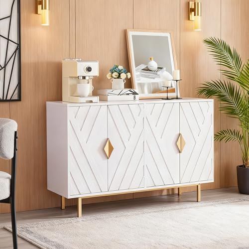 VAXZOFI Sideboard Buffet Cabinets with Storage, Accent Storage Cabinets with Fluted Doors, Gold Metal Handle and Legs, Wood Console Table Credenza for Living Room, Entryway, White