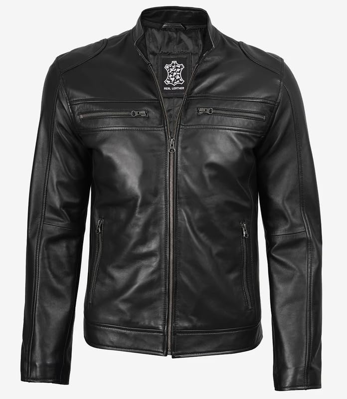 Image of Blingsoul Stylish Black & Brown Cafe Racer Leather Jacket For Men - Real Lambskin Leather Motorcycle Jacket Mens