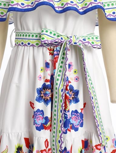 Traditional Mexican Dress for Girls Kids Floral Print Off Shoulder Maxi Sundress Cinco de Mayo Fiesta Dresses with Belt4