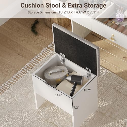 GarveeHome Vanity Desk with LED Light Mirror and Charging Station,Small Makeup Vanities Set with 2 Drawers for Girls Women with Storage Stool (White + Grey Tabletop)