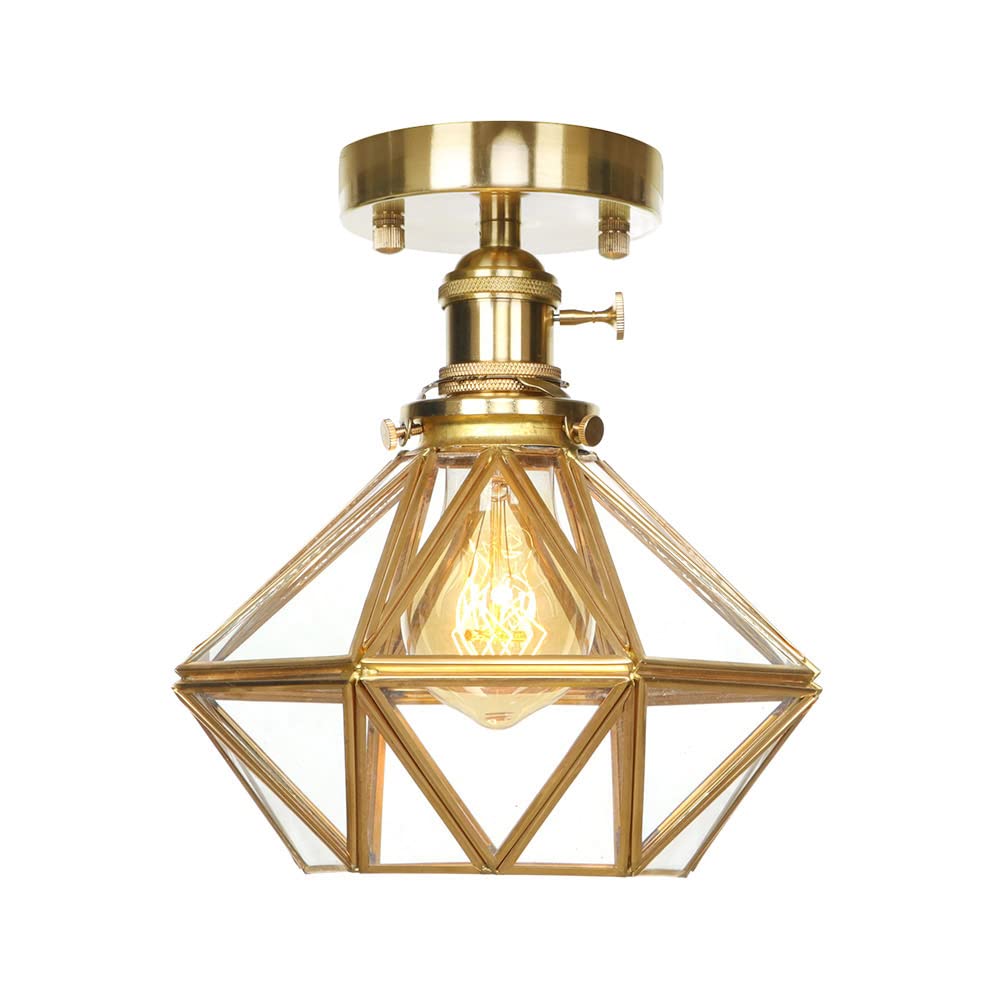 Lampa sufitowa, szklana lampa półmontażowa, 7,8 cala (19,8 cm) wysoka mosiężna lampa sufitowa w stylu Mid-Century, lampa do przedpokoju z 8-ramiennym kloszem diamentowym w kształcie gwiazd