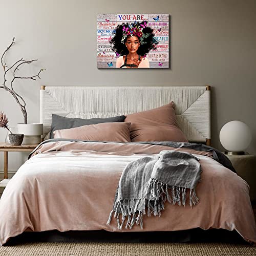 Wowgoomo Vintage African American Women Wall Art Fashion Black Girl Portrait Canvas Pictures You Are Bible Quotes Poster For Living Room Bedroom Home Office Framed Inspirational Gift For Women 16"X24" #TOP4