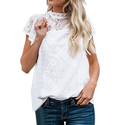 Camisetas Mujer SHOBDW Dia de la Mujer Verano Patchwork De Encaje Casual Ahuecar Volantes Manga Corta Suéter De Cuello De Tortuga Linda Blusa Floral Camiseta Blanca para Mujer(Blanco,XL)