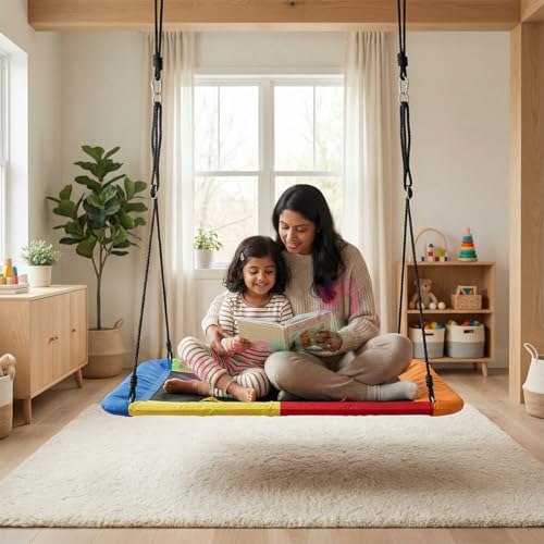 Image of Shopster Giant Platform Swing for Kids & Adults, Large 150 cm x 79 cm Weight Capacity, Children Rope Tree Colorful Rectangular Swing Durable Steel Frame for Hanging Outdoor, Resistant Waterproof