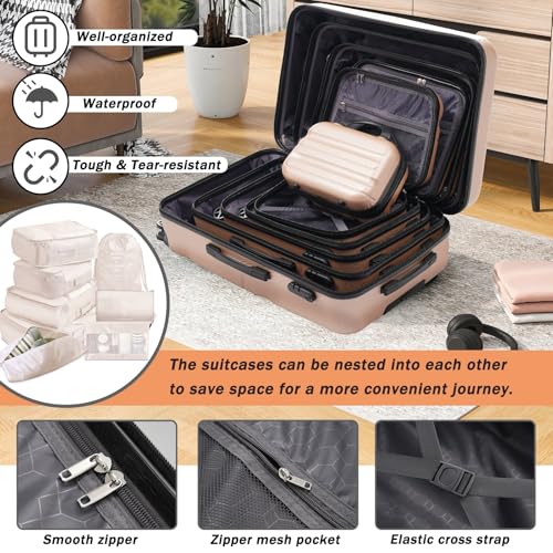 Image of 13 Piece Luggage Sets, Lightweight Suitcases with Dual Spinner Wheels, Carry-On & Check-In Sizes for Travel and Business (champagne)