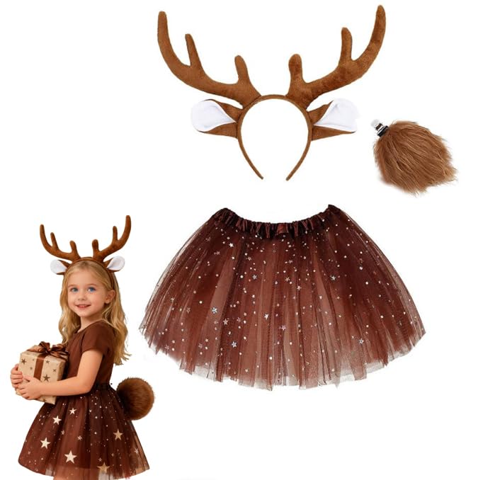 JLJIUBBKX Christmas Deer Role-Playing Reindeer Costume Deer Antlers Headband Tail Dance Skirt Long Skirt Suitable for Role-Playing Parties Brown
