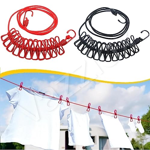 VazzLox Cloth Drying Rope with Hooks (Pack of 2) Elastic Cloth Hanging Rope for Cloth Drying with 12 Clips Cloth Rope for Drying Clothes for Travel Ho