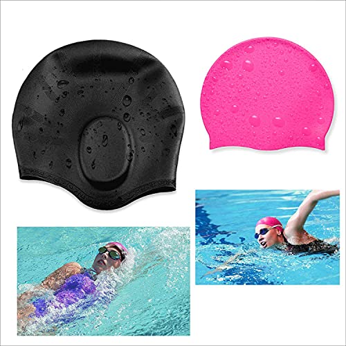 Zwemmutsen Unisex siliconen badmuts voor dames lang haar en mannen en kinderen waterdicht - een set van 2-één met oorzakken en klassieke One wordt geleverd met 1x neuslippen oordopjes - Image 8