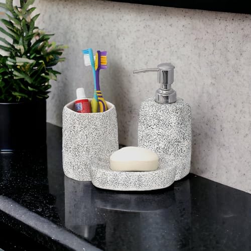 Image of Premium Ceramic Bathroom Accessories Set of 3 | Modern Luxury Bath Set with 300ml Soap Dispenser, Toothbrush Holder & Soap Dish | Bathroom Decor Items | White & Black Dotted Pattern