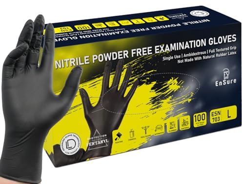 Ensure Black Nitrile Gloves Heavy-Duty Texture Grip Low Derma Patented