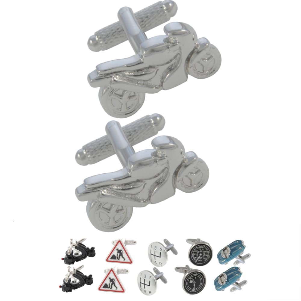 Cufflinks for Men + Presentation Box - Cars and Motorbikes - Novelty Metal Designer Fun Cufflinks - Solid Brass Metal - Automotive - One Pair