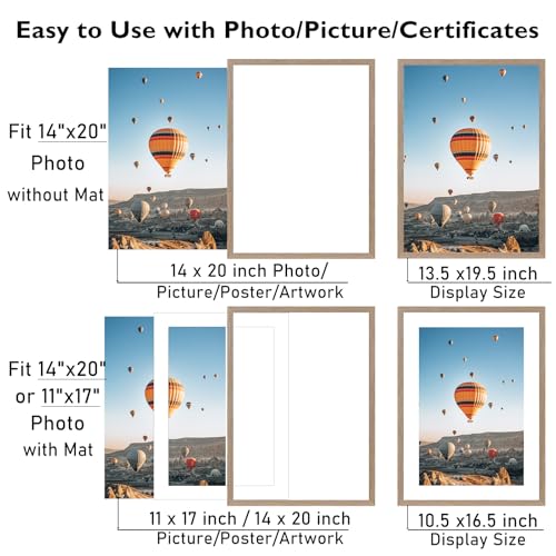 Image of JCJMY 14x20 Picture Frame with 11x17 Mat, Display Photo 11x17 with Mat or 14 x 20 Without Mat, Wall Hanging Large 14 by 20 Poster Frame with Plexiglass, Rustic Brown