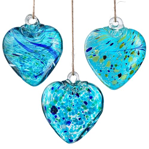 Set of 3 Handmade Glass Heart Ornaments 3.5 Inch Hanging Decoration for Christmas Home Garden