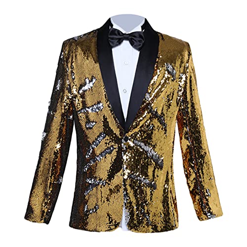 Men's Shiny Sequins Suit Jacket Sequin Wedding Nightclub Tuxedo Sport Coat Slim One Button Festival Party Blazer (Golden,X-Large)