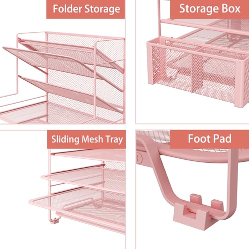 Simple Trending 7 Tier Desk File Organizer, Letter Tray Paper Organizer with Pen Holder and Metal Hanging Basket, Pink - Image 5