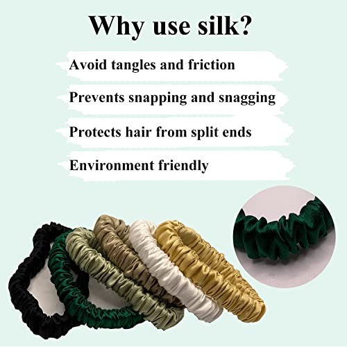 Image of VLOMOT 6 Pcs Set 100% Pure Mulberry Silk Hair Scrunchies Silk Hair Ties with 6 Chic Colors Everyday Skinny Scrunchies Silk Ponytail Holders Hair Care No Damage (Green)