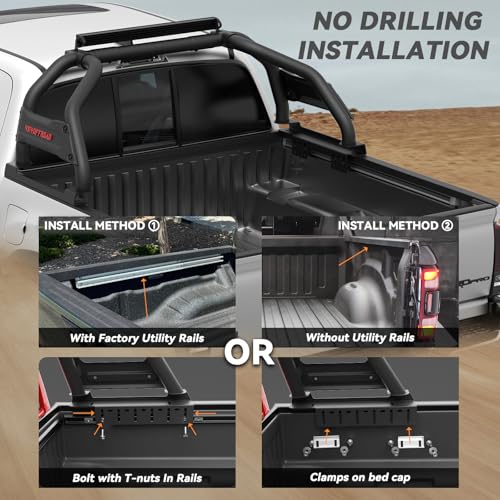 Image of Truck Bed Roll Bar Heavy Duty No-Drill Chase Rack Universal for Mid Size Pickup Tacoma Ranger Colorado Canyon Frontier, Multifunctional Cargo Protection Sport Bar with Light Mount Slots