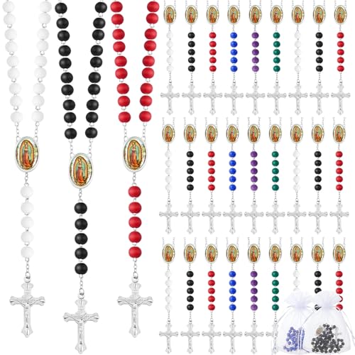 36 Pcs Wooden Bead Rosary Necklace with Crucifix and Our Lady of Guadalupe Scented First Communion Rosary with 36 Organza Bags Baptism Favors Catholic Gift for Men Women (Assorted Colors)