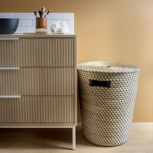 Panier à linge Phuket tressé noir et jonc naturel avec poignées pratiques