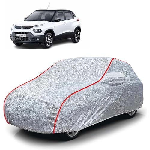 Image of Sulfar 100% Waterproof Car Body Cover Compatible with Mirror for Tata Punch (Triple Stitched, Full Bottom Elastic, Magic Silver with Red Piping)