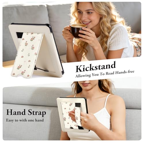 Image of CoBak Lightweight Stand Cute Case for 7 inch Kindle Paperwhite 12th Gen 2024 and Kindle Colorsoft with Right Hand Strap - Compatible with iPhone MagSafe, for Samsung /Anker Wireless Charging Pads