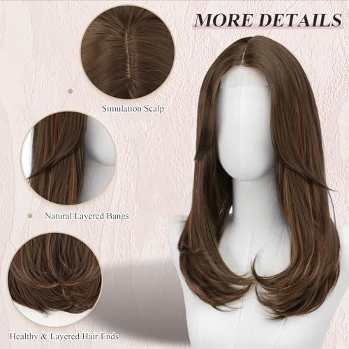 Image of FESHFEN Lace Front Hairline Wigs with Bangs, Synthetic Natural Looking Long Layered Straight Hair Wig for Women Daily Party Costume, 18 inch Brown Mixed Auburn