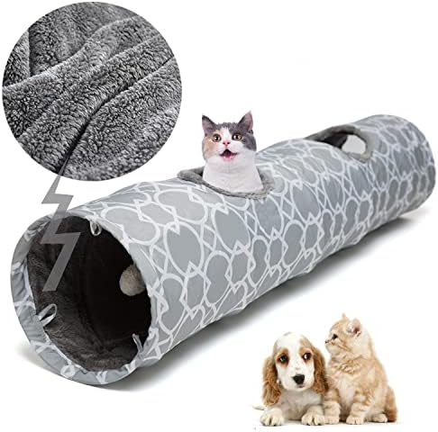 LUCKITTY Geometric Cat Tunnel with Plush Inside,Cats Toys Collapsible Tunnel Tube with Balls, for Rabbits, Kittens, Ferrets,Puppy and Dogs,Grey,White