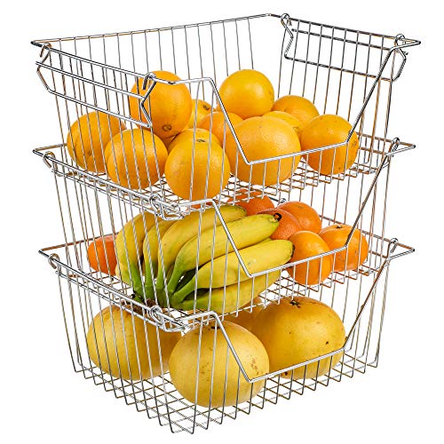 Slideep Large Stackable Storage Baskets Cabinet Organizer Sturdy Metal Wire Pantry Freezer Bin For Pantry Home Bathroom Kitchen Organization 3 Packs #TOP2