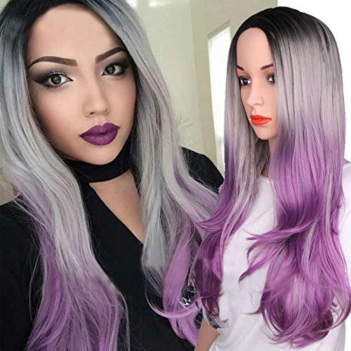 Dai Cloud Ombre Purple Synthetic Wigs for Women Long Wavy Machine Made Ombre Wig with Black Roots
