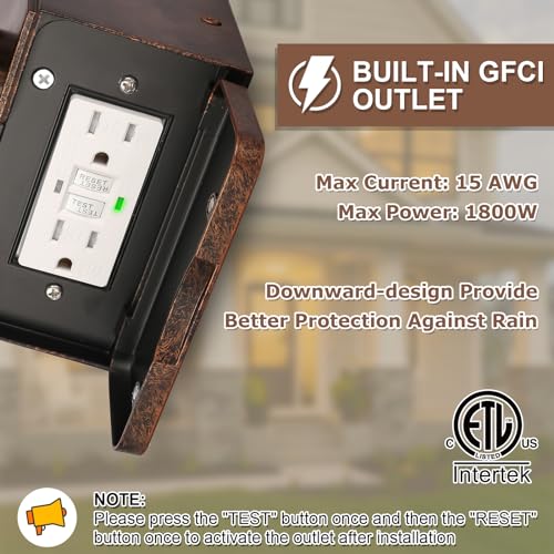 Image of Dusk to Dawn Outdoor Lighting, Porch Light with GFCI Outlet and LED Bulb | Exterior Wall Fixture with Clear Glass Shade, Waterproof Outside Lights for House Garage Front Door, Antique Bronze