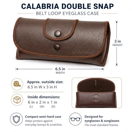 Image of Calabria Double Snap Belt Loop Eyeglass Case PU Leather Brown Old School Vintage Eye Glasses Pouch Semi-Hard Sunglass Holder - 50PACK