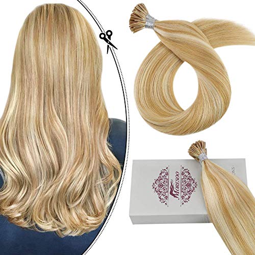 Moresoo 24 Inch Keratin I Tip Hair Extensions Human Hair 100% Remy Human Hair Extensions Long Length Color #14 Honey Blonde Mixed with #613 Bleach Blonde 0.8g/s 50 Strands 40g