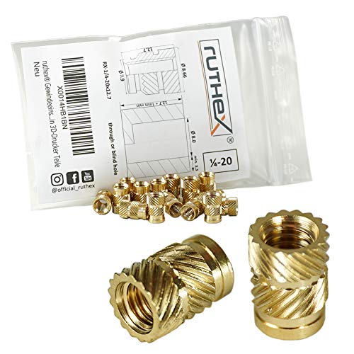 ruthex Gewindeeinsatz - Gewindebuchsen aus Messing – Einpressmutter für Kunststoffteile – durch Wärme oder Ultraschall für 3D-Druck-Teile (Gewindeeinsätze, Zoll 1/4-20x12.7 (15pcs))