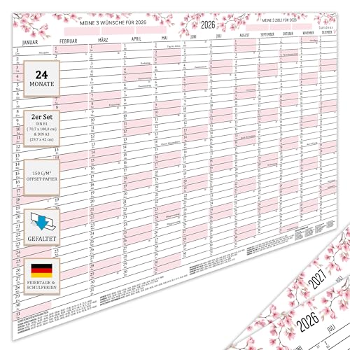 Wandkalender 2026 2027 2 Jahre DIN B1 (70 7 × 100 cm) groß quer Jahreskalender gefaltet + Gratis DIN A3 Jahresplaner Kalender XXL Poster Wand-Planer mit Feiertagen DE