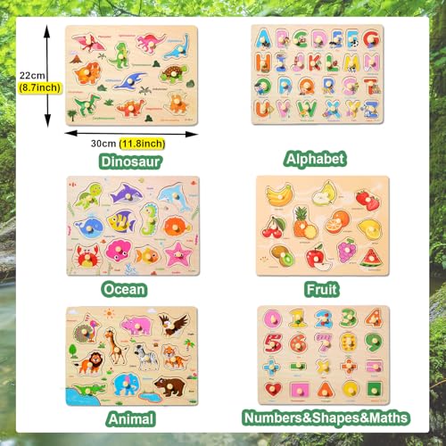 LOYUEGIYO 6PCS Toddler Wooden Peg Puzzle Toys for Age 2-4 3-5 Year Old Boys Girls,Educational Learning Sensory Toy,Puzzles for Toddlers Kids,Dinosaur&&Ocean&Alphabet&Number Shape&Animal&Fruit Puzzles - Image 3