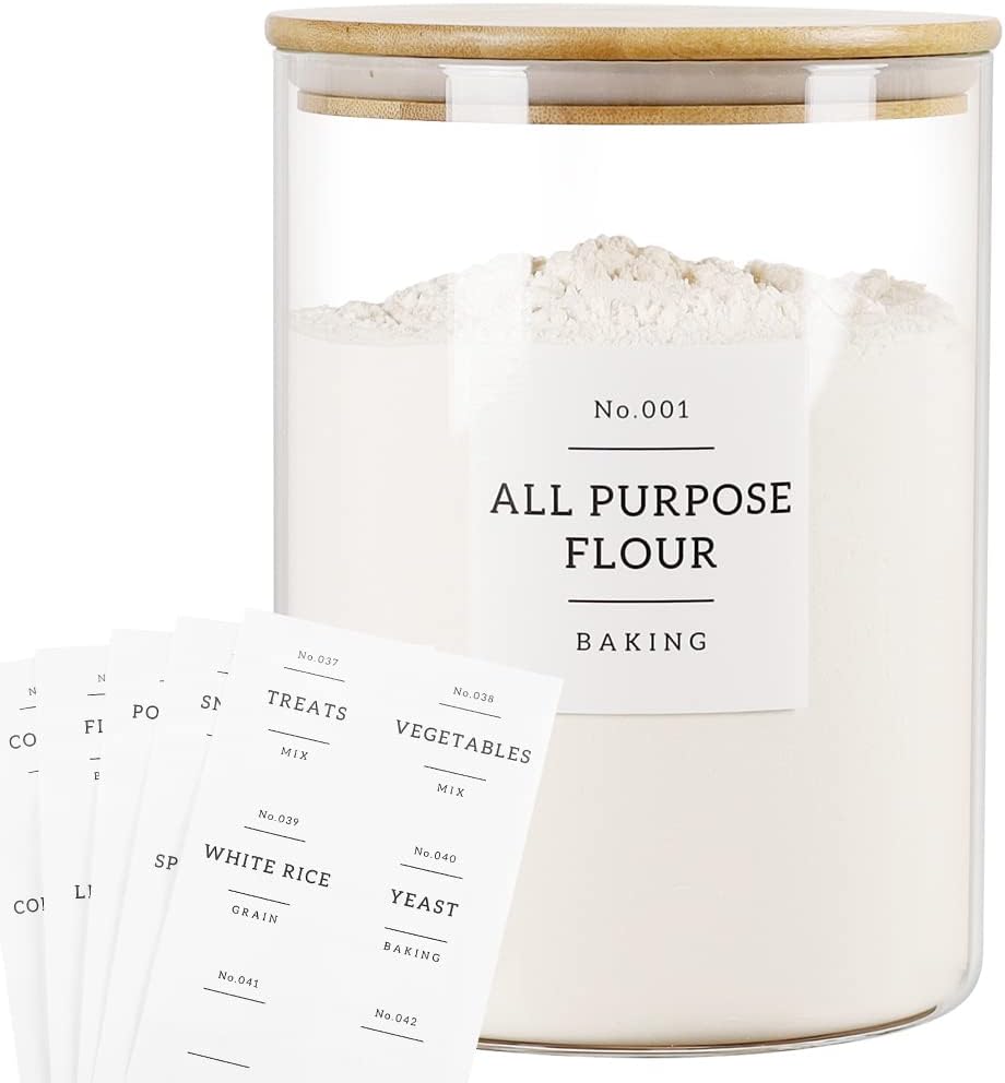HHMJSM Large Glass Storage Jars With Airtight Bamboo Lid - 100 Fl Oz Thicken Kitchen Glass Food Storage Canister With 42 Pantry Labels - Big Clear Flour And Sugar Containers Farmhouse