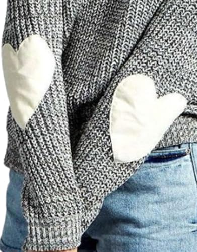 shermie Women's Cute Heart Pattern Elbow Patchwork Knitted Sweaters Long Sleeve Crew Neck Casual Pullover3