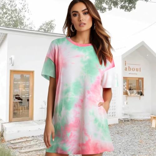 Image of MOUSYA Women Tie Dye Dress Short Sleeve T Shirt Dress Summer Casual Loose Mini Dress with Pockets