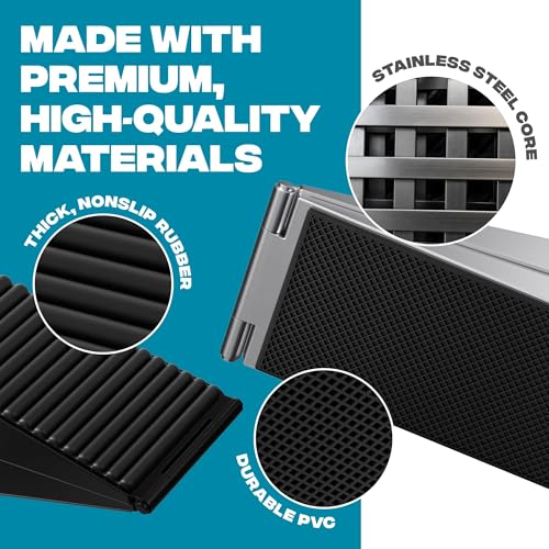 Image of STRONGEST HOME Stoppers for Bottom of Door - Heavy Duty Metal Rubber Door Stopper, Non-Slip Door Stop for Heavy Doors, Works on Wood, Tile & Carpet Floors, Folding Black 4 PC + 4 White Wall Protectors