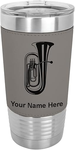 LaserGram 20oz Vacuum Insulated Tumbler Mug Tuba Personalized Engraving Included Faux Leather Gray