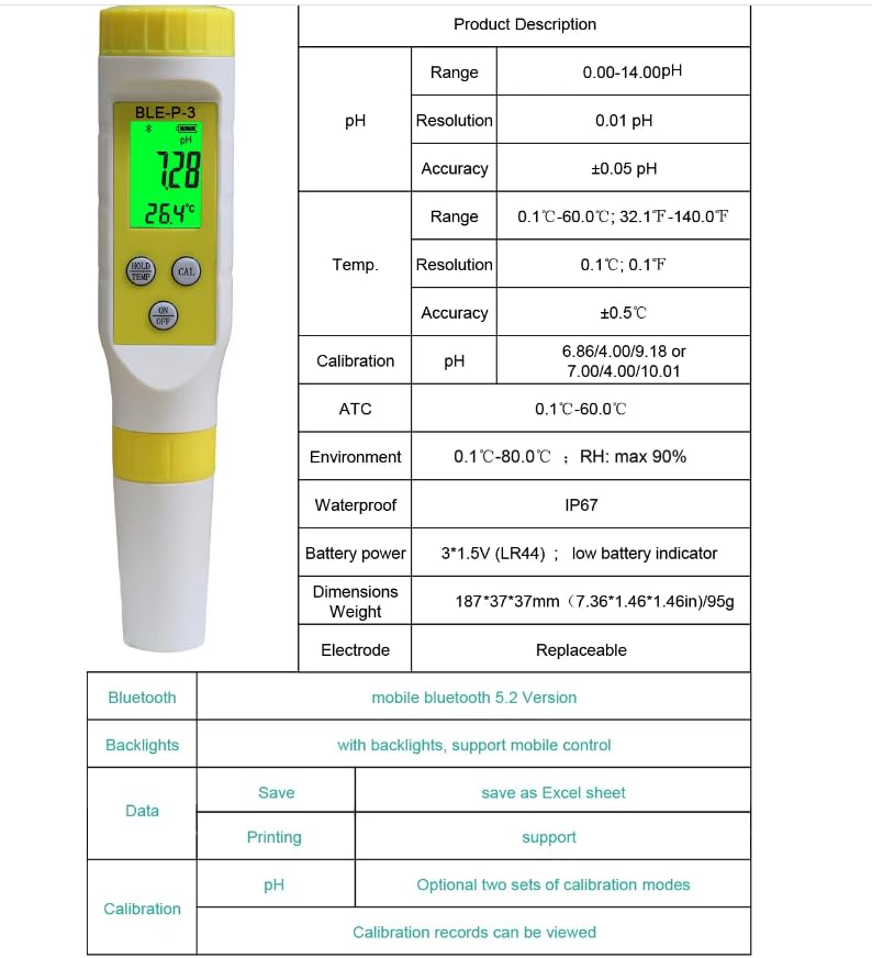 Detailed specifications table for VIHELM BLE-P-3 pH Meter
