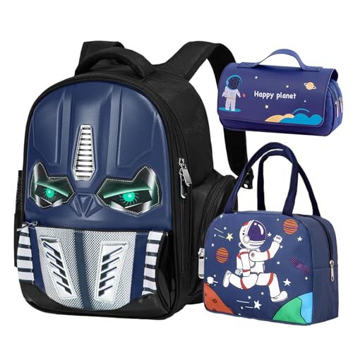ACEIOT Mochila infantil para escola, mochila para meninos com lancheira e estojo, mochila robô para meninos, mochila para meninos, Azul, 16' X 12' X 7'